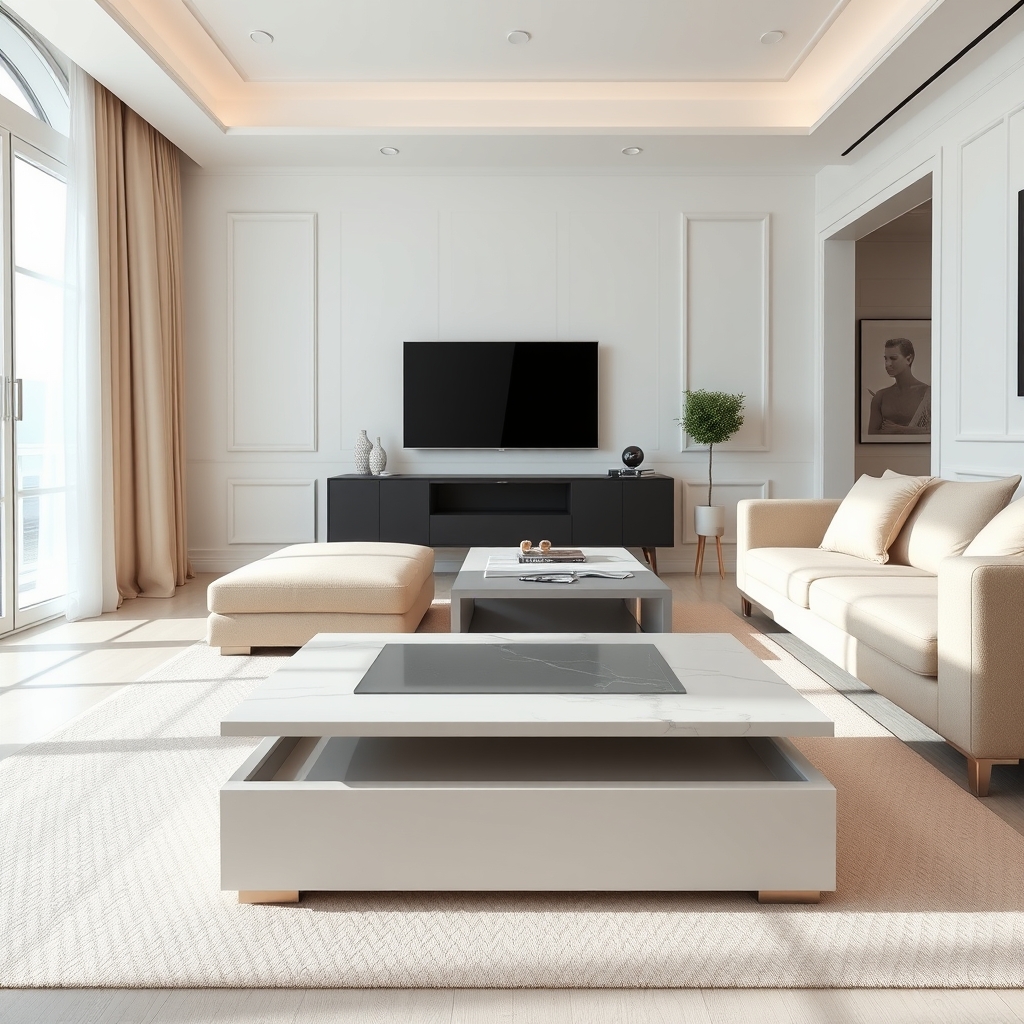 Salon de standing avec table basse relevable haut de gamme